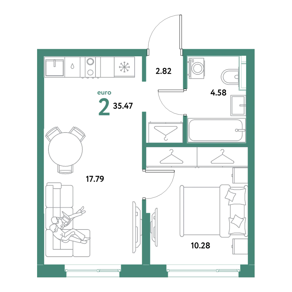 Планировка: Евродвушка 35,47 м²