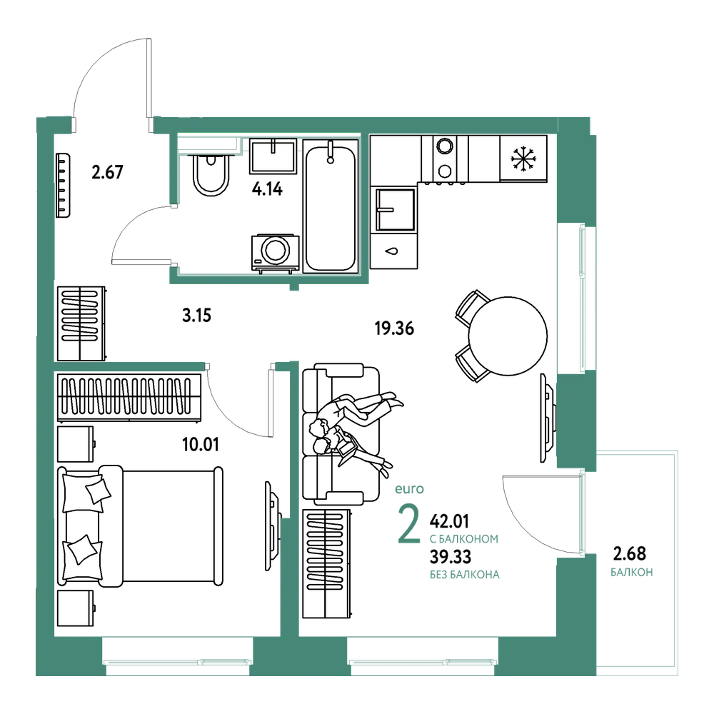 Планировка: Евродвушка 42,01 м²