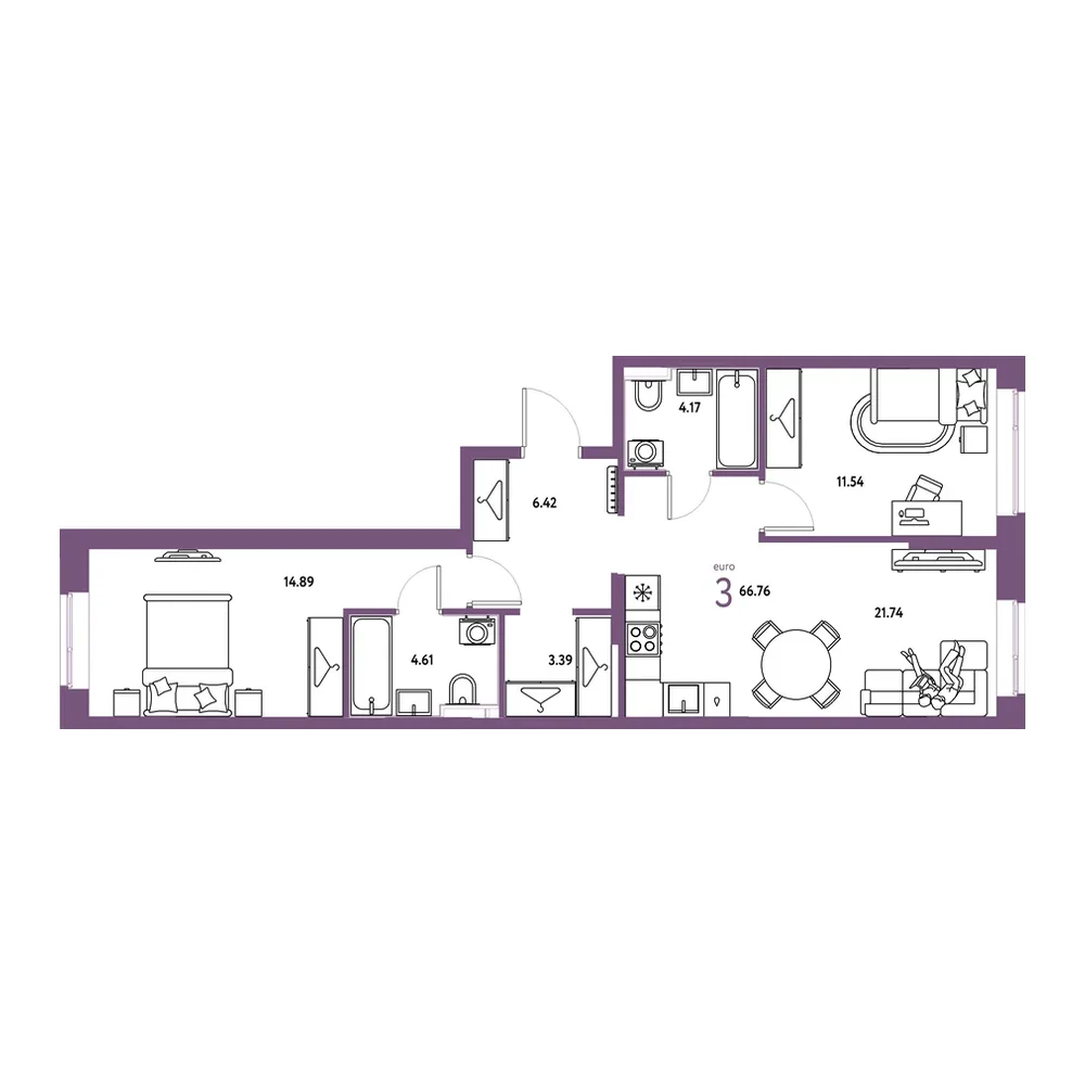 Планировка: Евротрёшка 66,76 м²