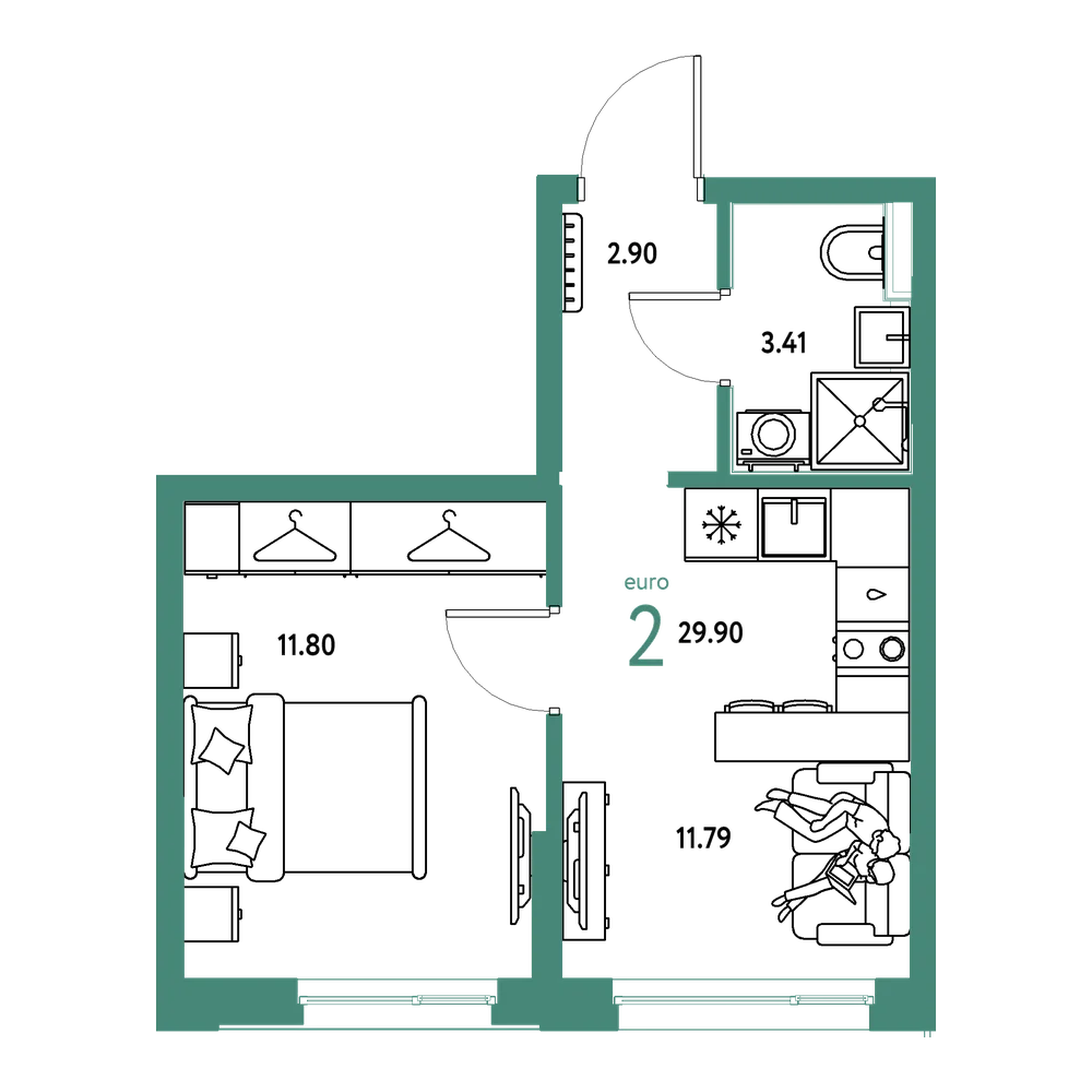 Планировка: Евродвушка 29,9 м²