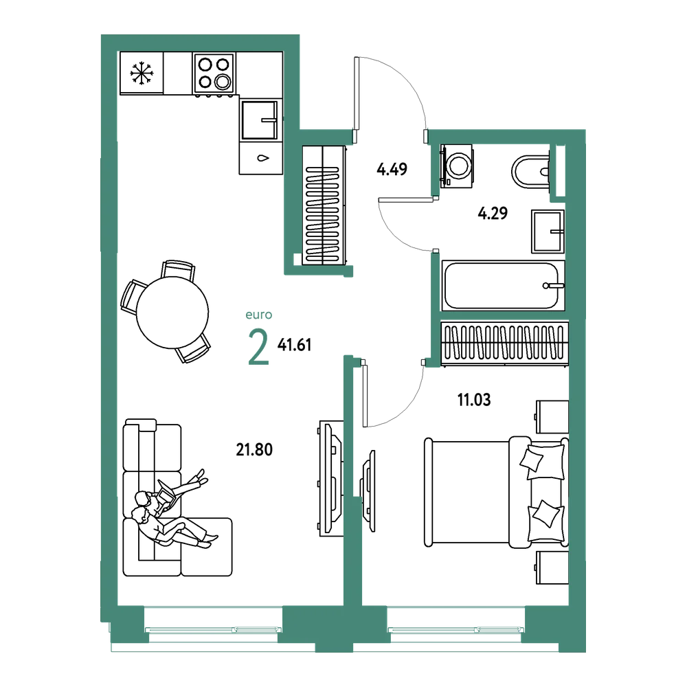 Планировка: Евродвушка 41,61 м²