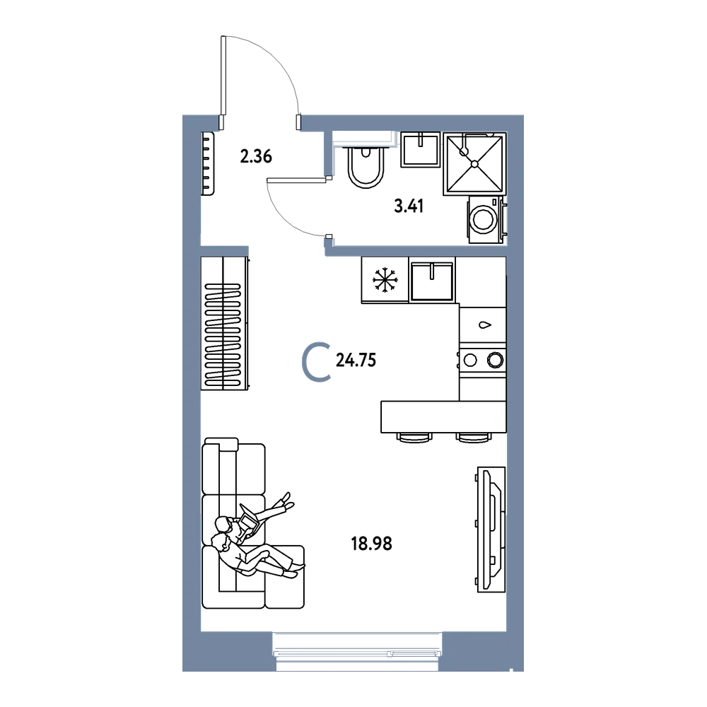 Планировка: Студия 24,75 м²