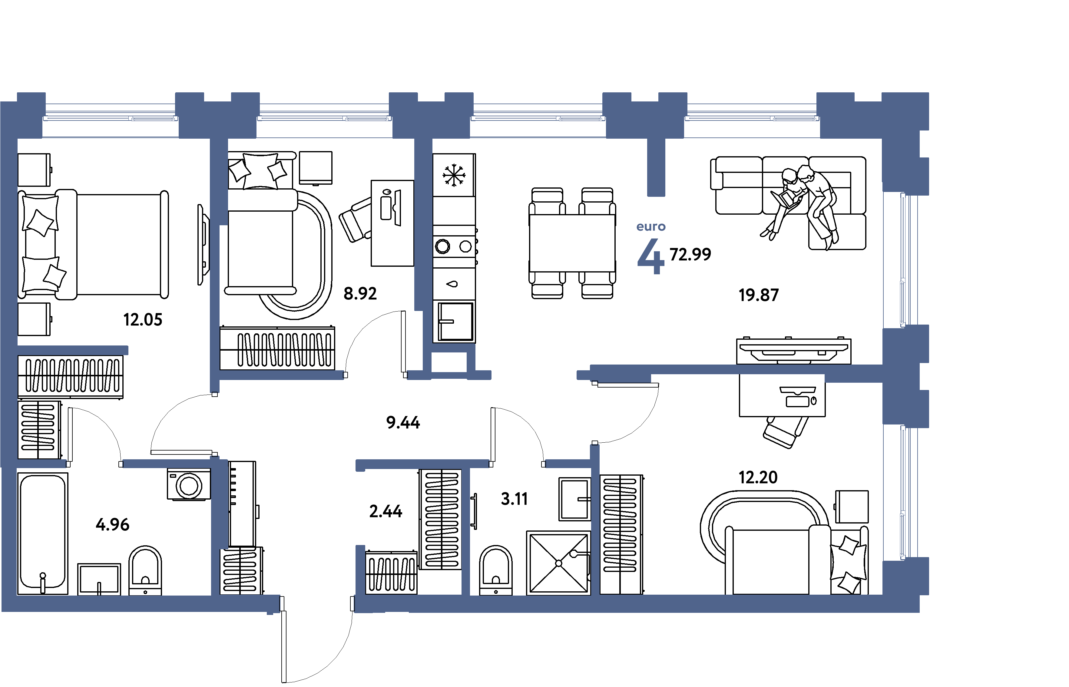Планировка: Евро-4 72,99 м² в ЖК «Европейский берег 2.0»