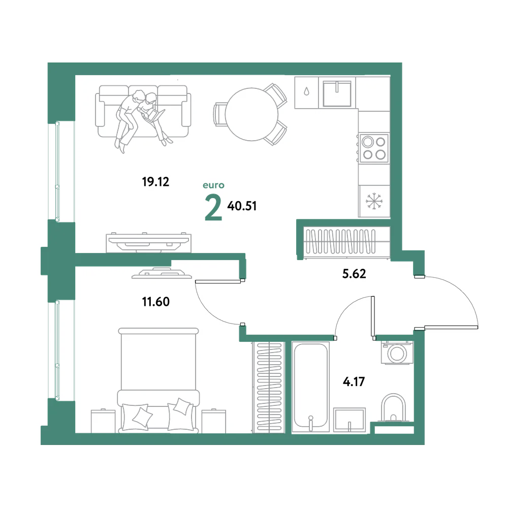 Планировка: Евродвушка 40,51 м²