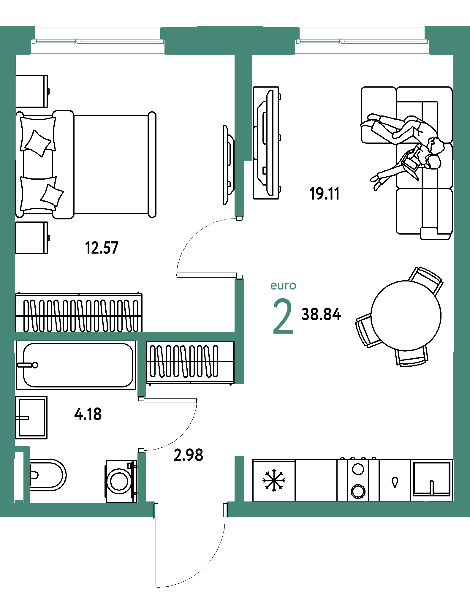Планировка: Евродвушка 38,84 м² в ЖК «Остров-сад»