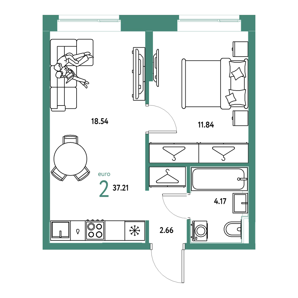 Планировка: Евродвушка 37,21 м²
