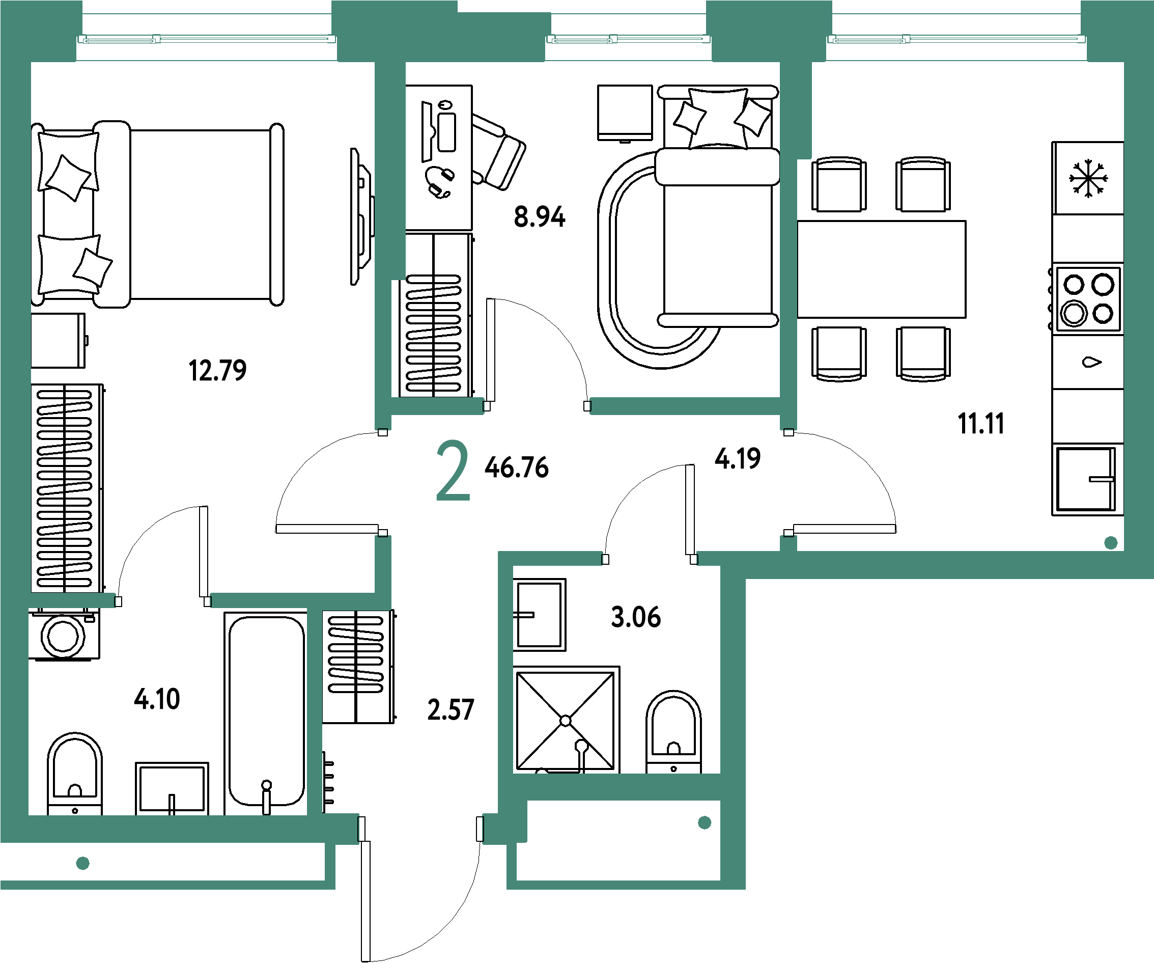 Планировка: 2-комнатная 46,76 м² в ЖК «Домашний»