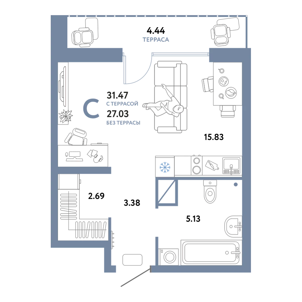 Планировка: Студия 31,47 м²