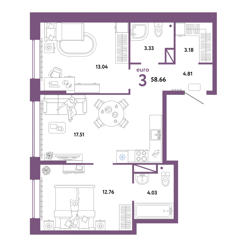 Планировка: Евротрёшка 58,66 м²