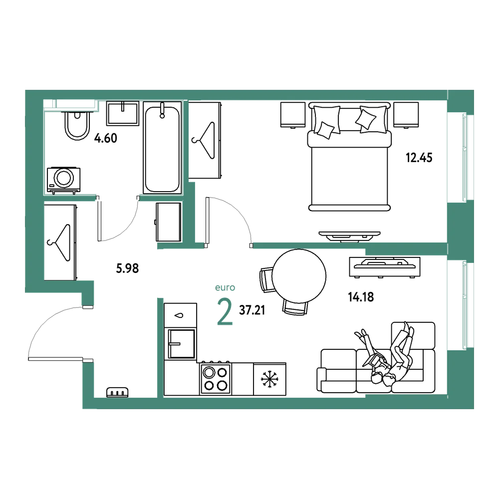 Планировка: Евродвушка 37,22 м²