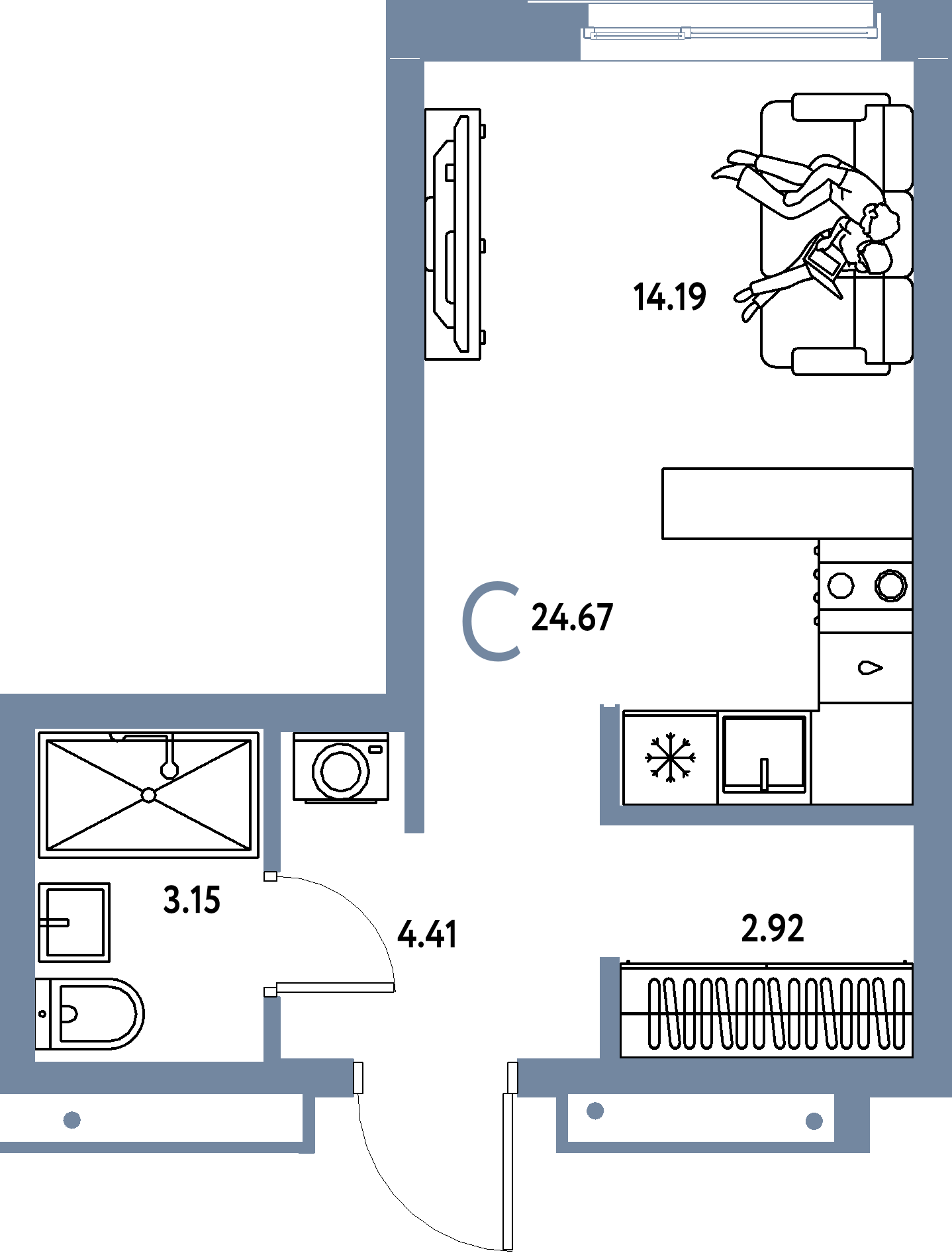 Планировка: Студия 24,67 м² в ЖК «Домашний»
