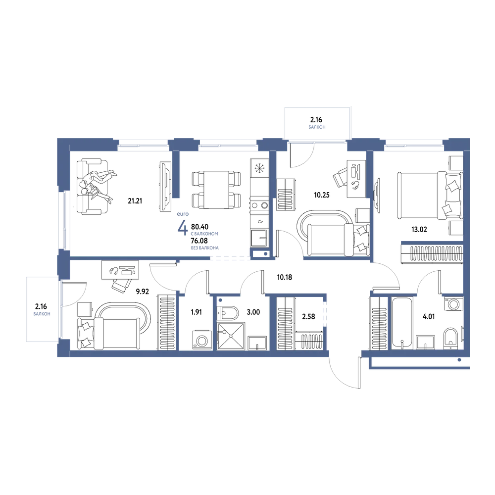 Планировка: Евро-4 80,4 м²