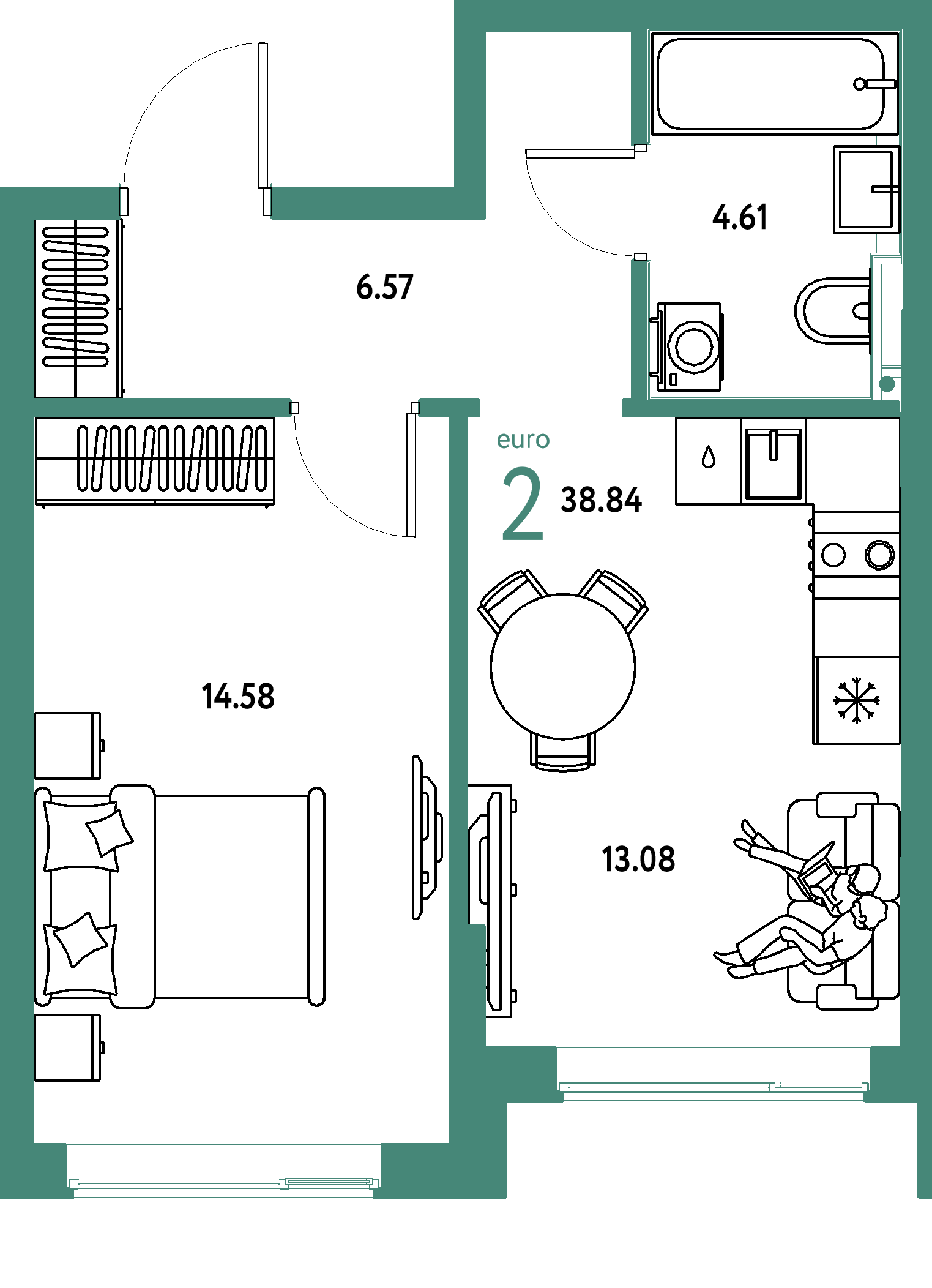 Планировка: Евродвушка 38,84 м² в ЖК «Остров-сад»