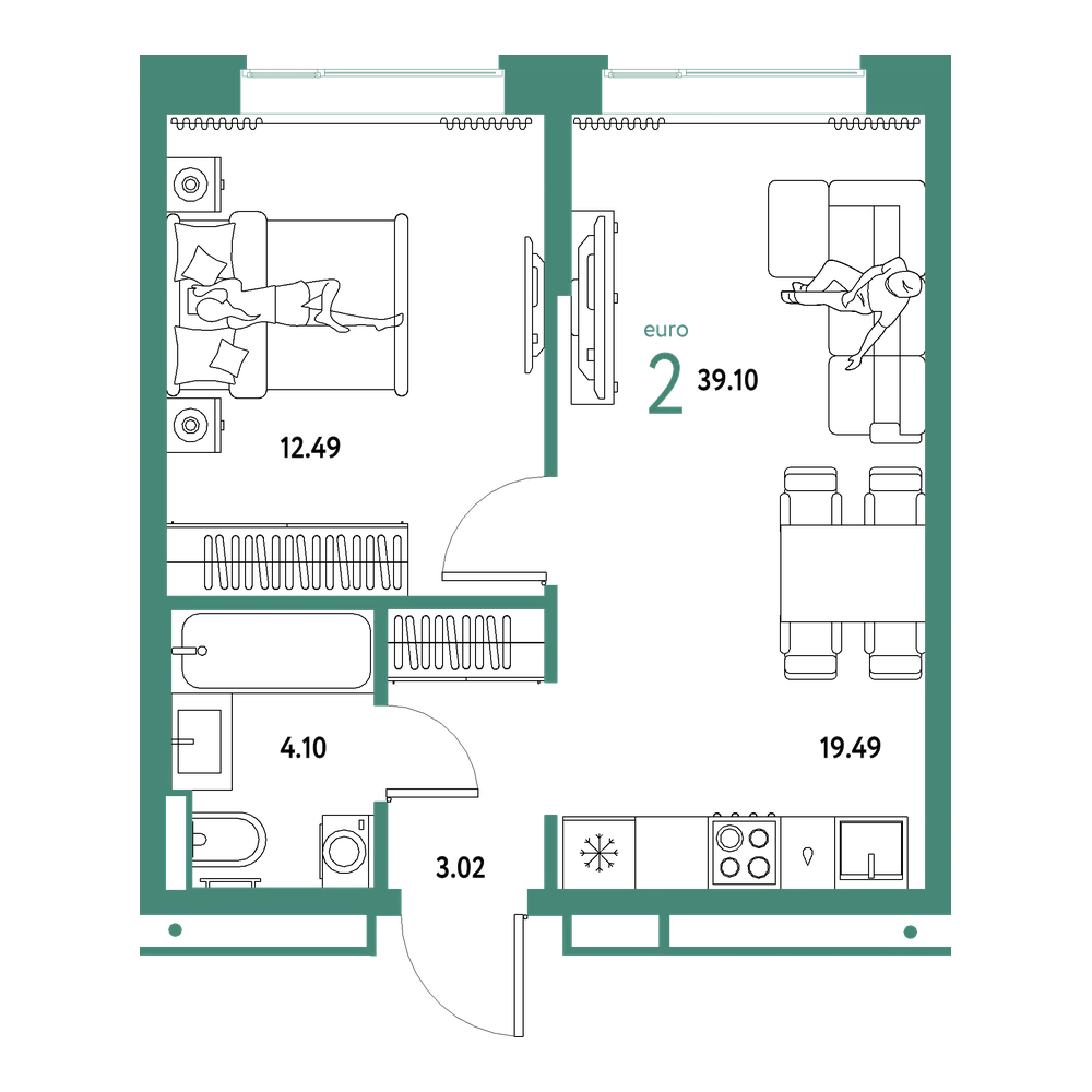 Планировка: Евродвушка 39,1 м²