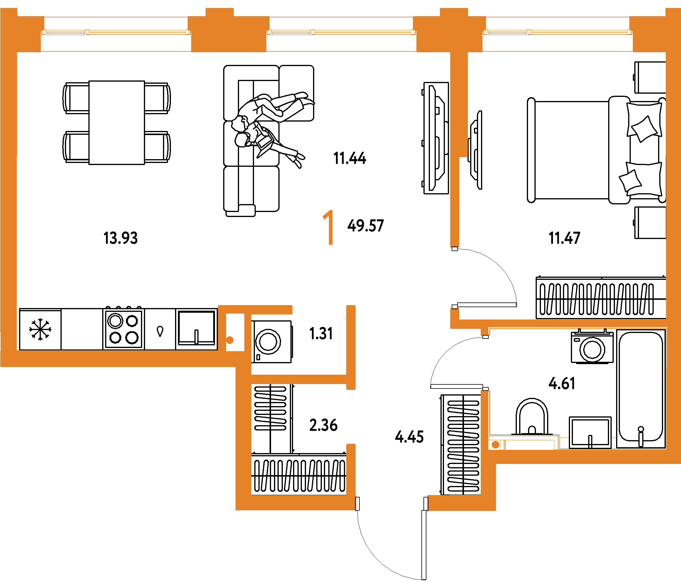 Планировка: 1-комнатная 49,57 м² в ЖК «Остров-сад»