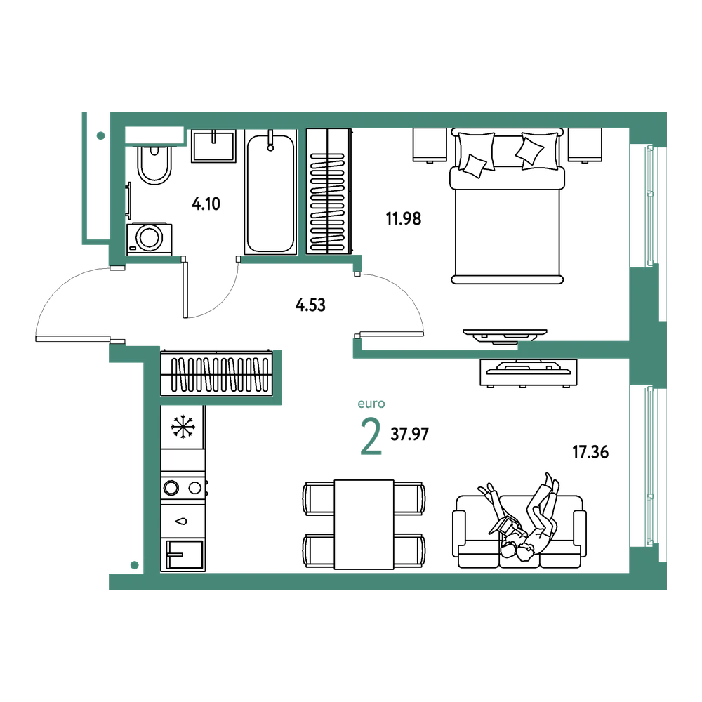 Планировка: Евродвушка 37,97 м²