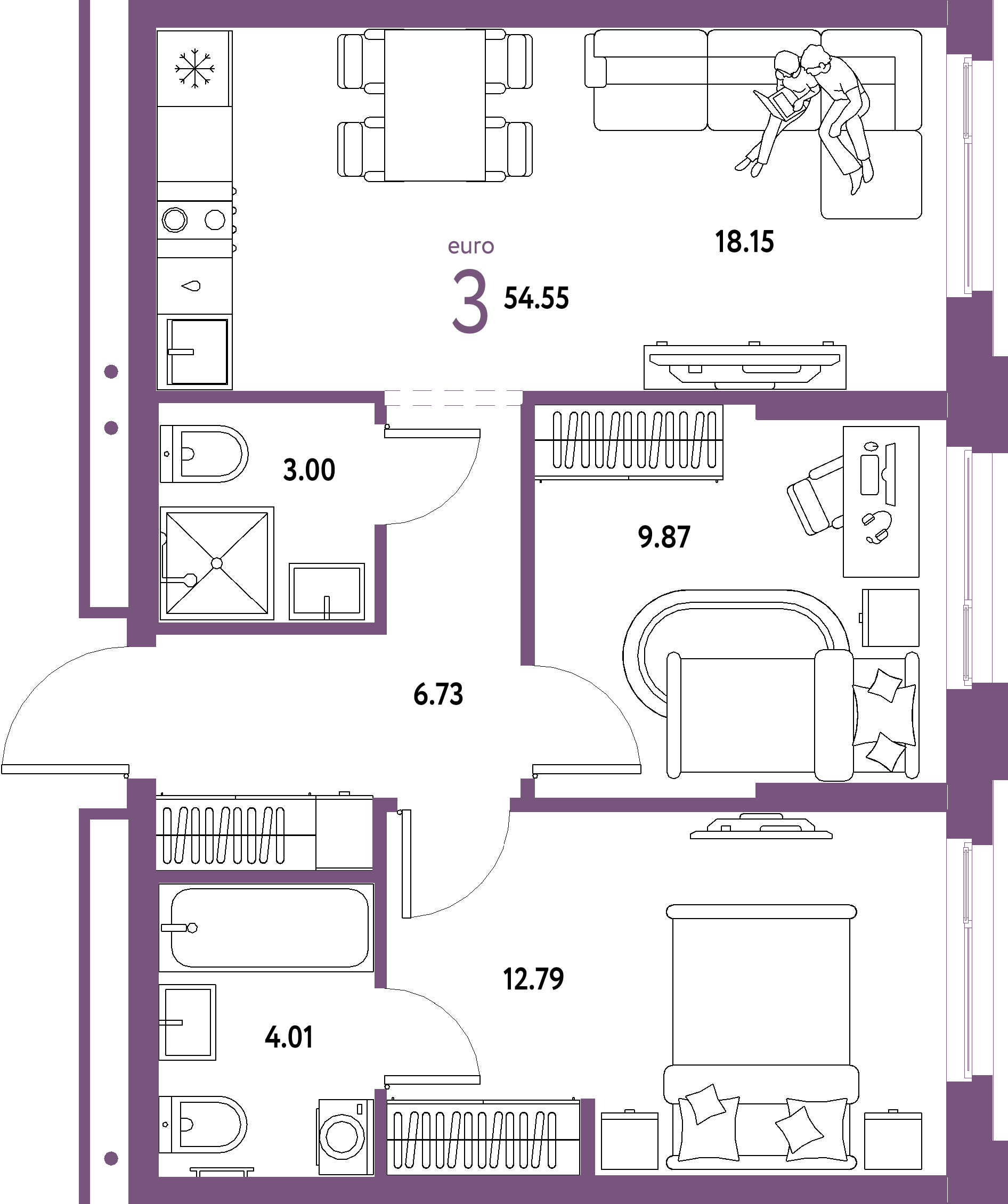 Планировка: Евротрёшка 54,55 м² в ЖК «Домашний»