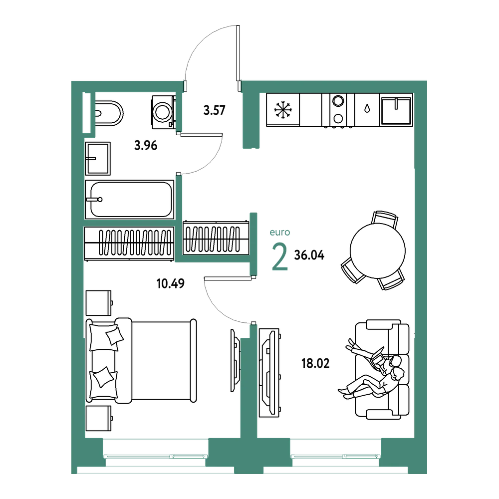 Планировка: Евродвушка 36,04 м²