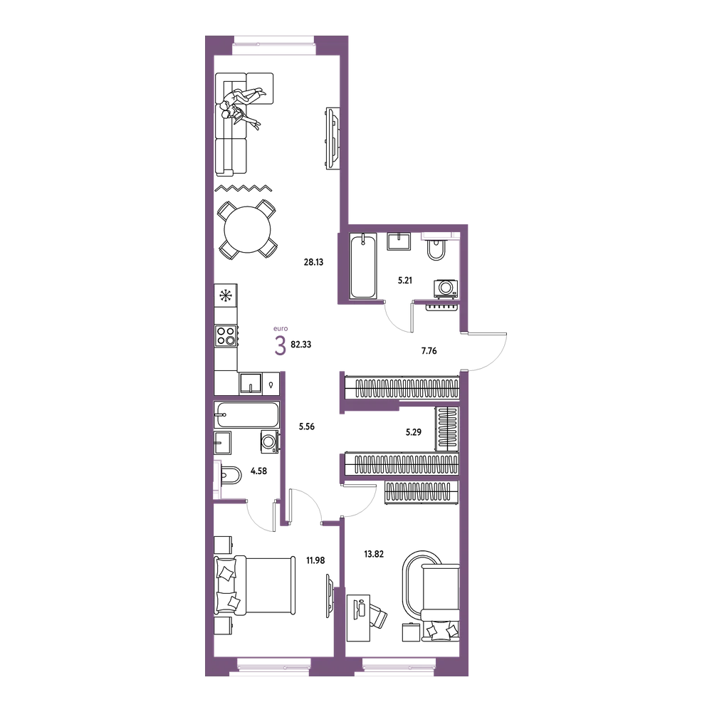 Планировка: Евротрёшка 82,35 м²