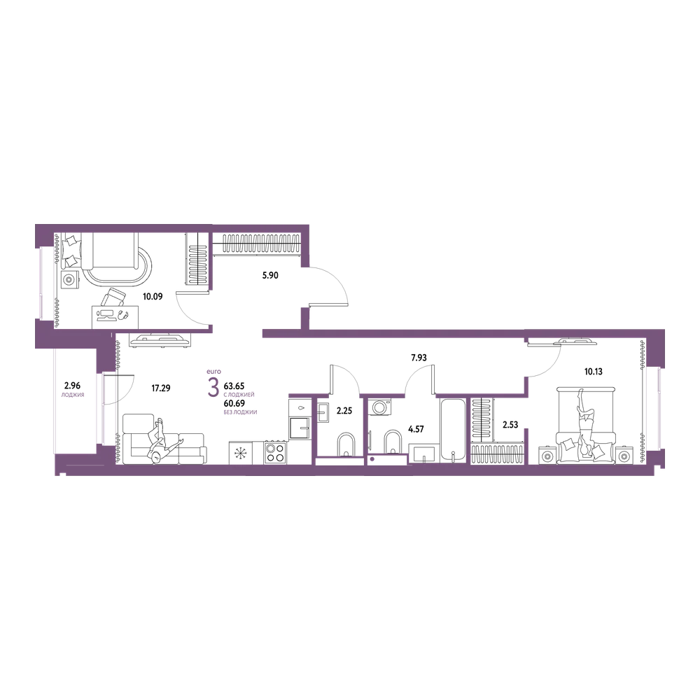 Планировка: Евротрёшка 63,65 м²