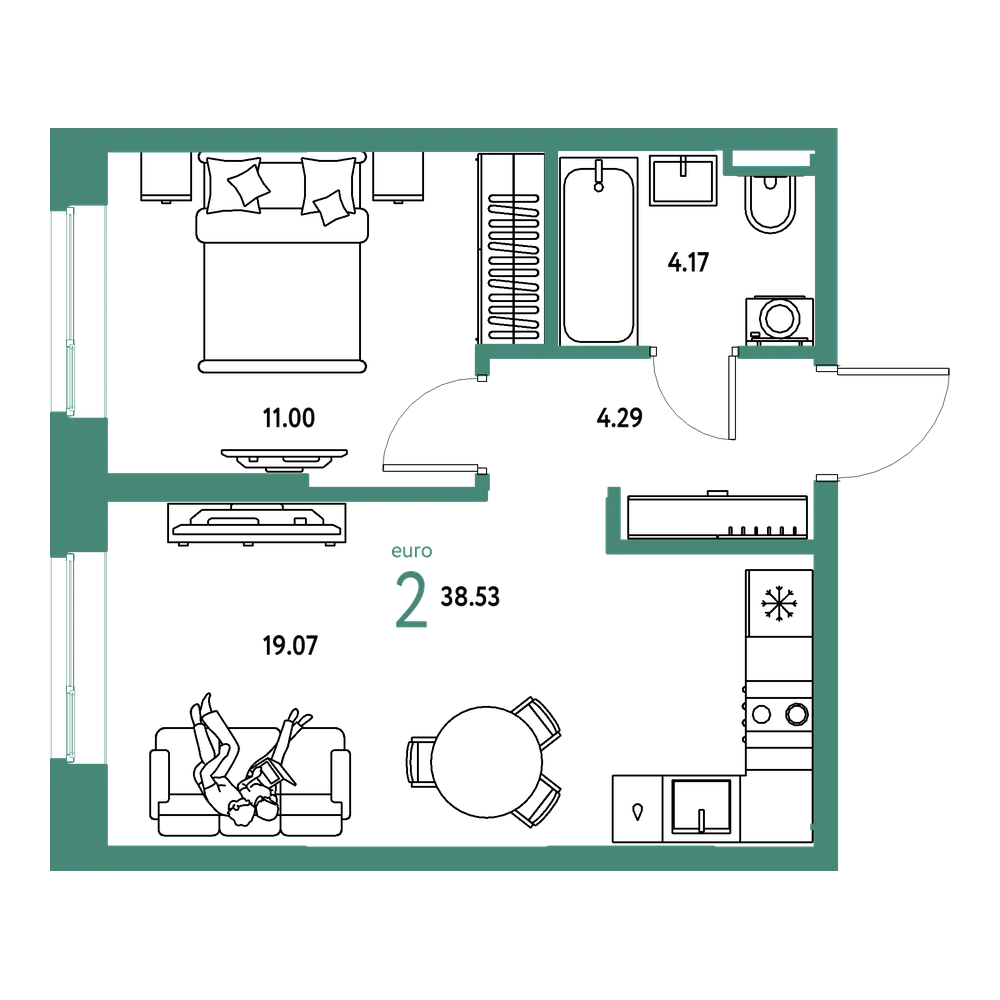 Планировка: Евродвушка 38,53 м²