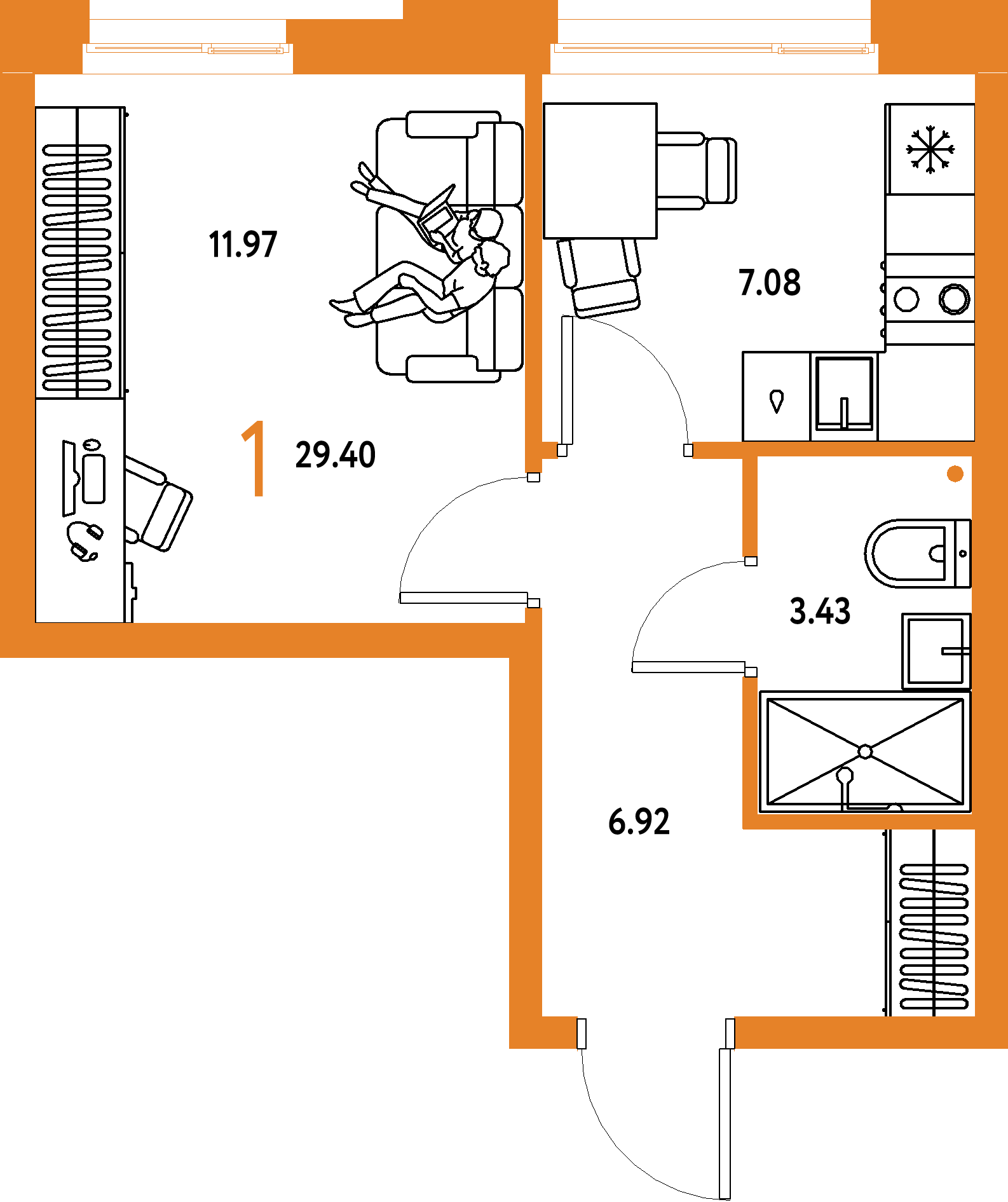Планировка: 1-комнатная 29,4 м² в ЖК «Домашний»