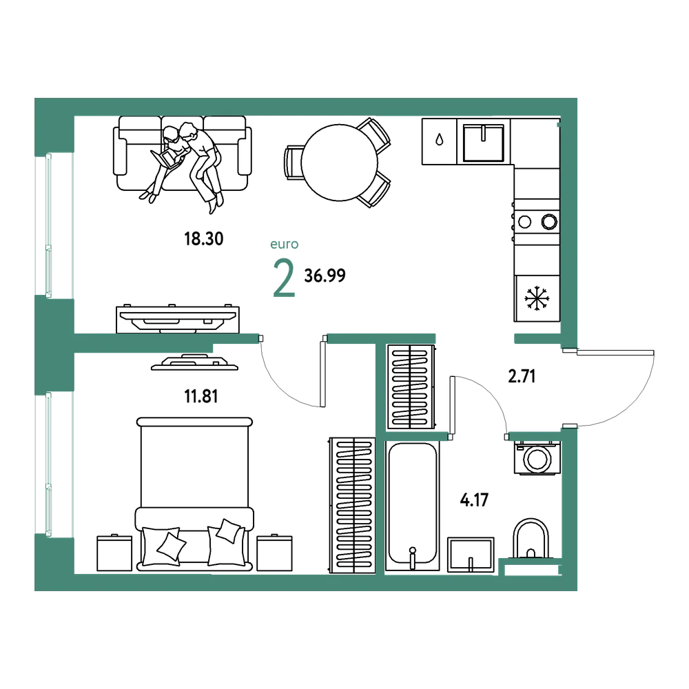 Планировка: Евродвушка 36,99 м²