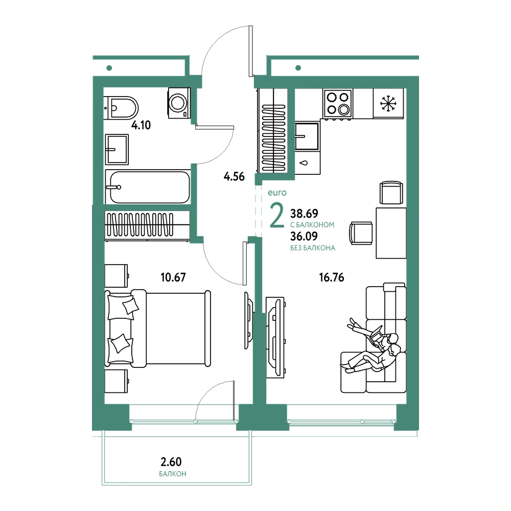 Планировка: Евродвушка 38,69 м²