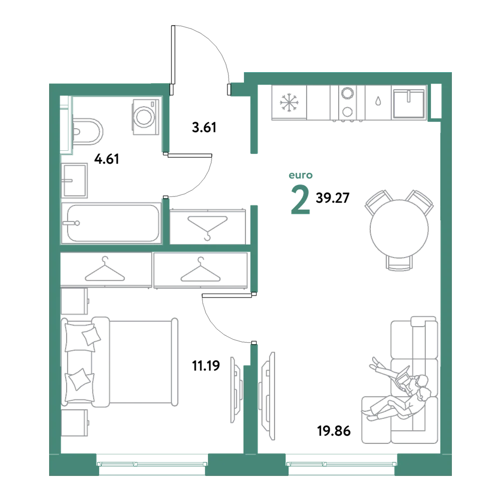 Планировка: Евродвушка 39,27 м²