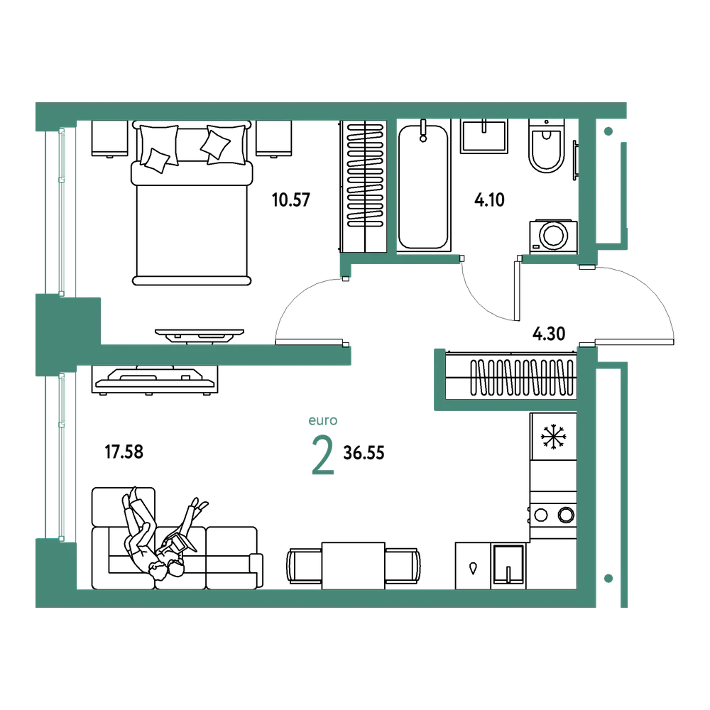 Планировка: Евродвушка 36,55 м²