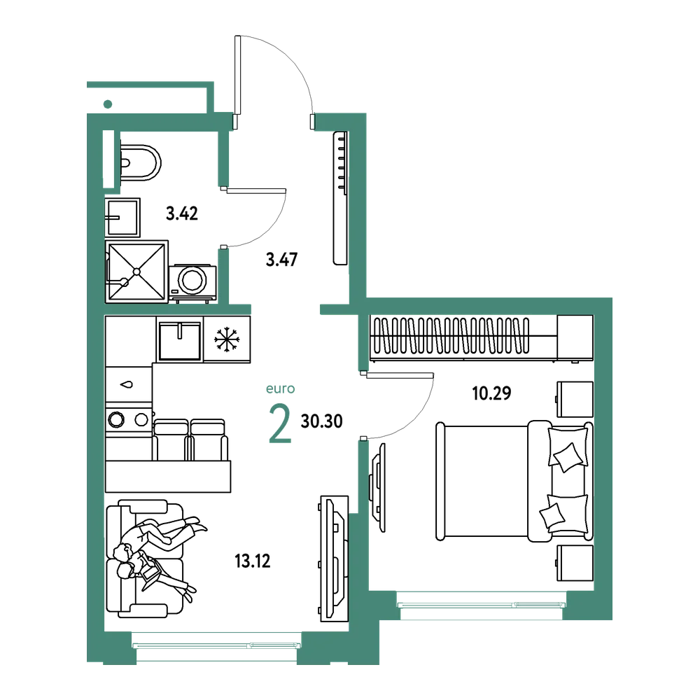Планировка: Евродвушка 30,3 м²