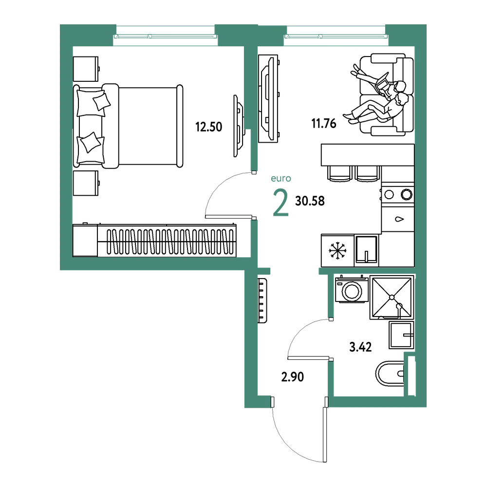 Планировка: Евродвушка 30,58 м²