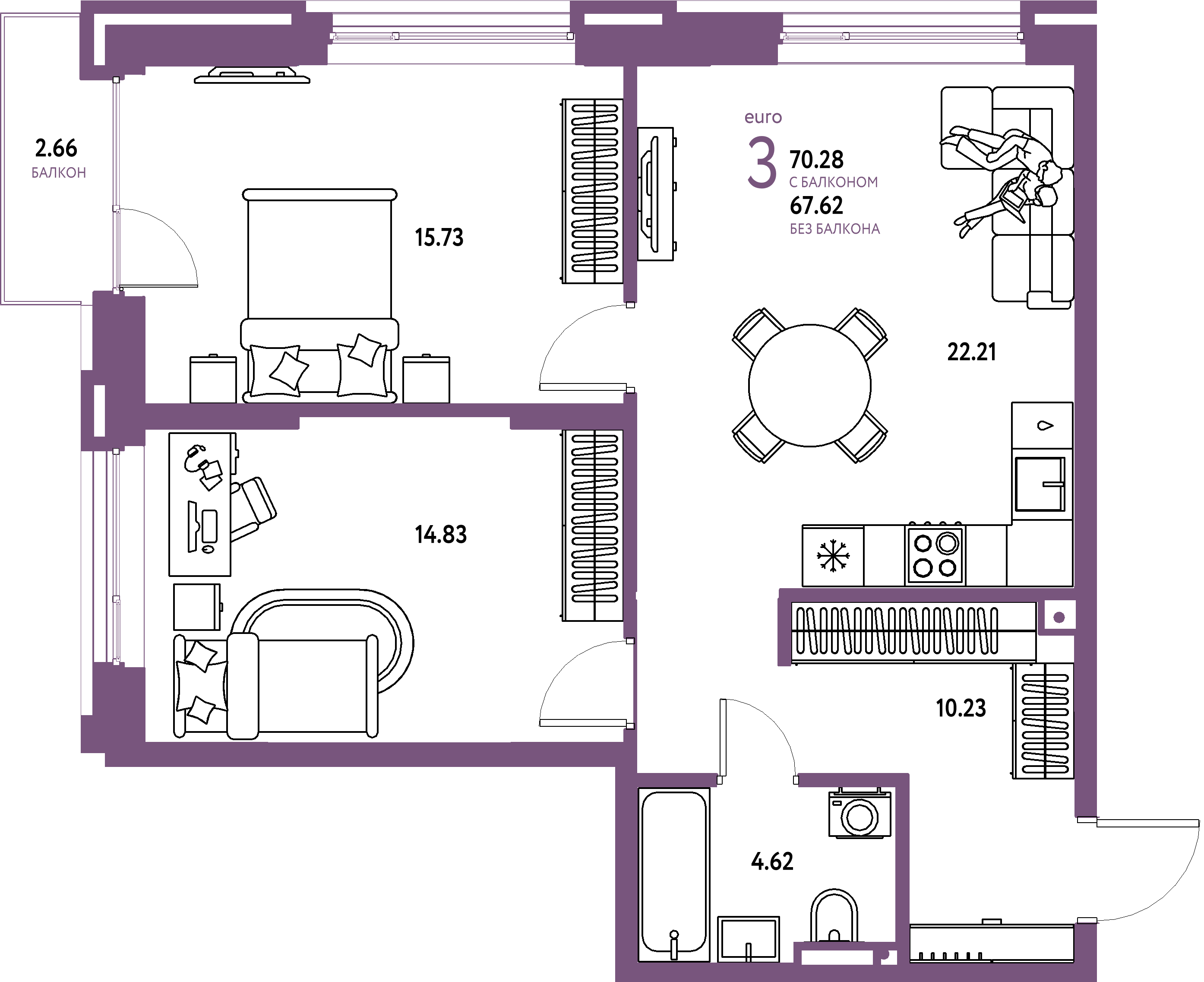 Планировка: Евротрёшка 70,28 м² в ЖК «Страна.Прибрежная»