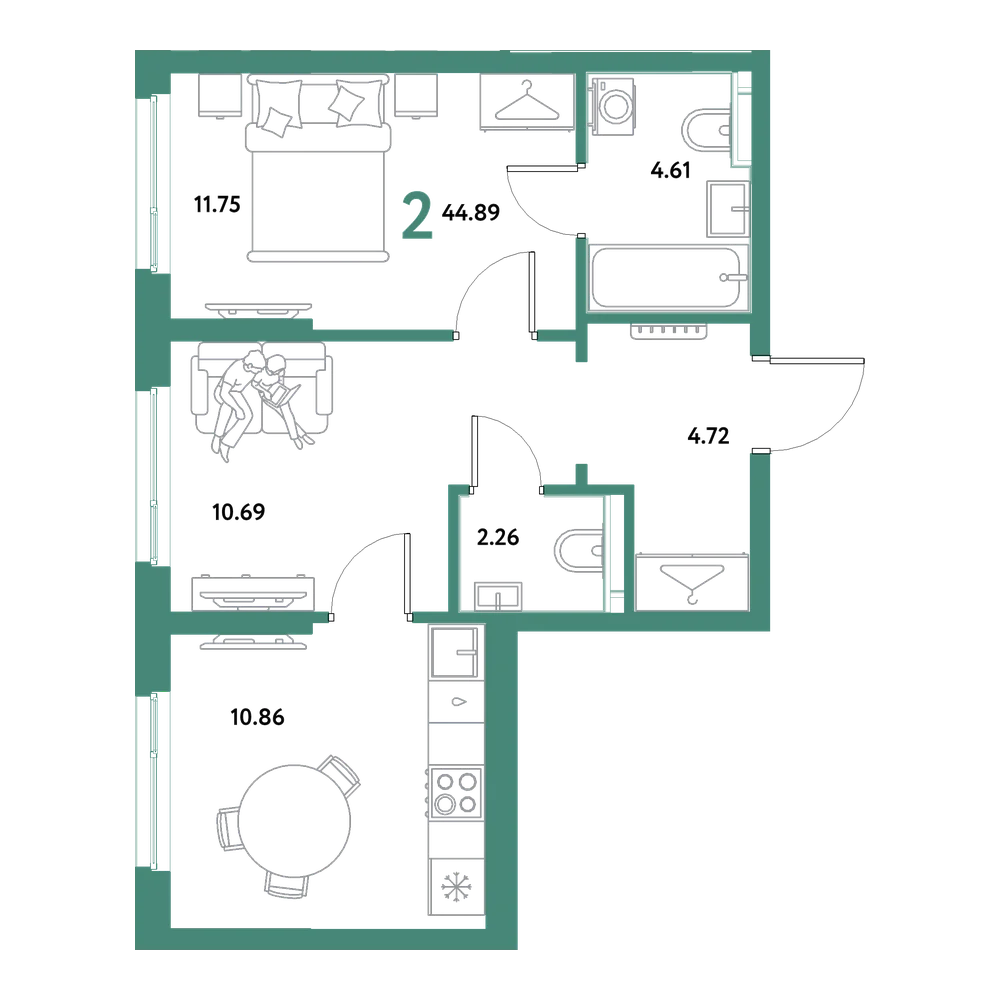 Планировка: 2-комнатная 44,89 м²