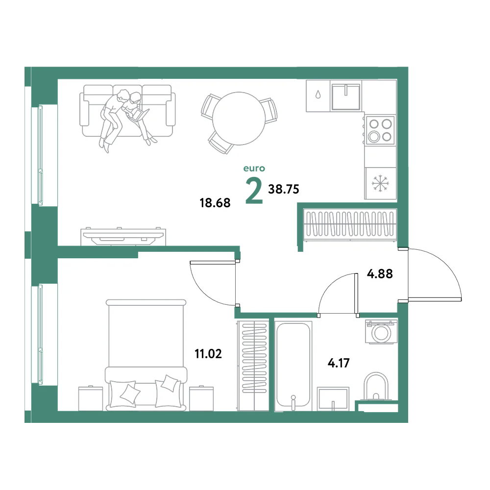 Планировка: Евродвушка 38,75 м²