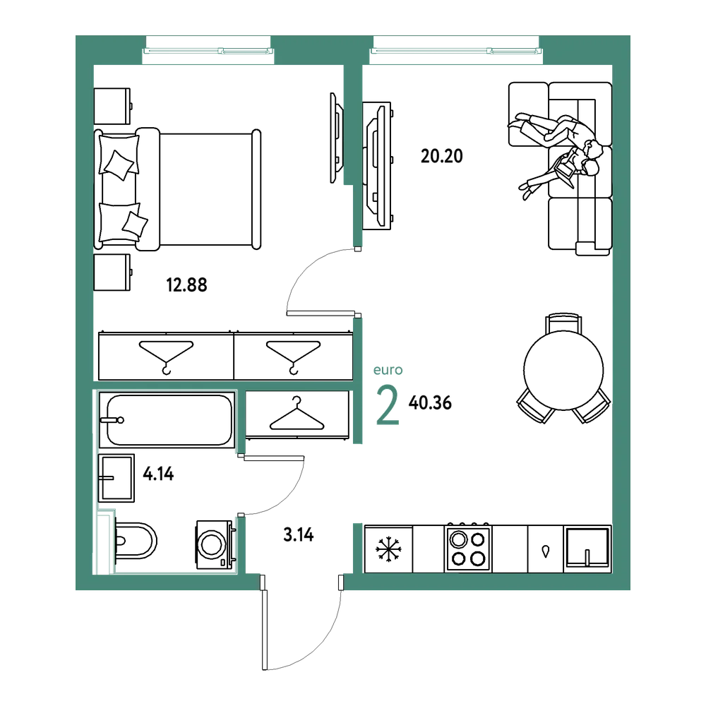 Планировка: Евродвушка 40,36 м²