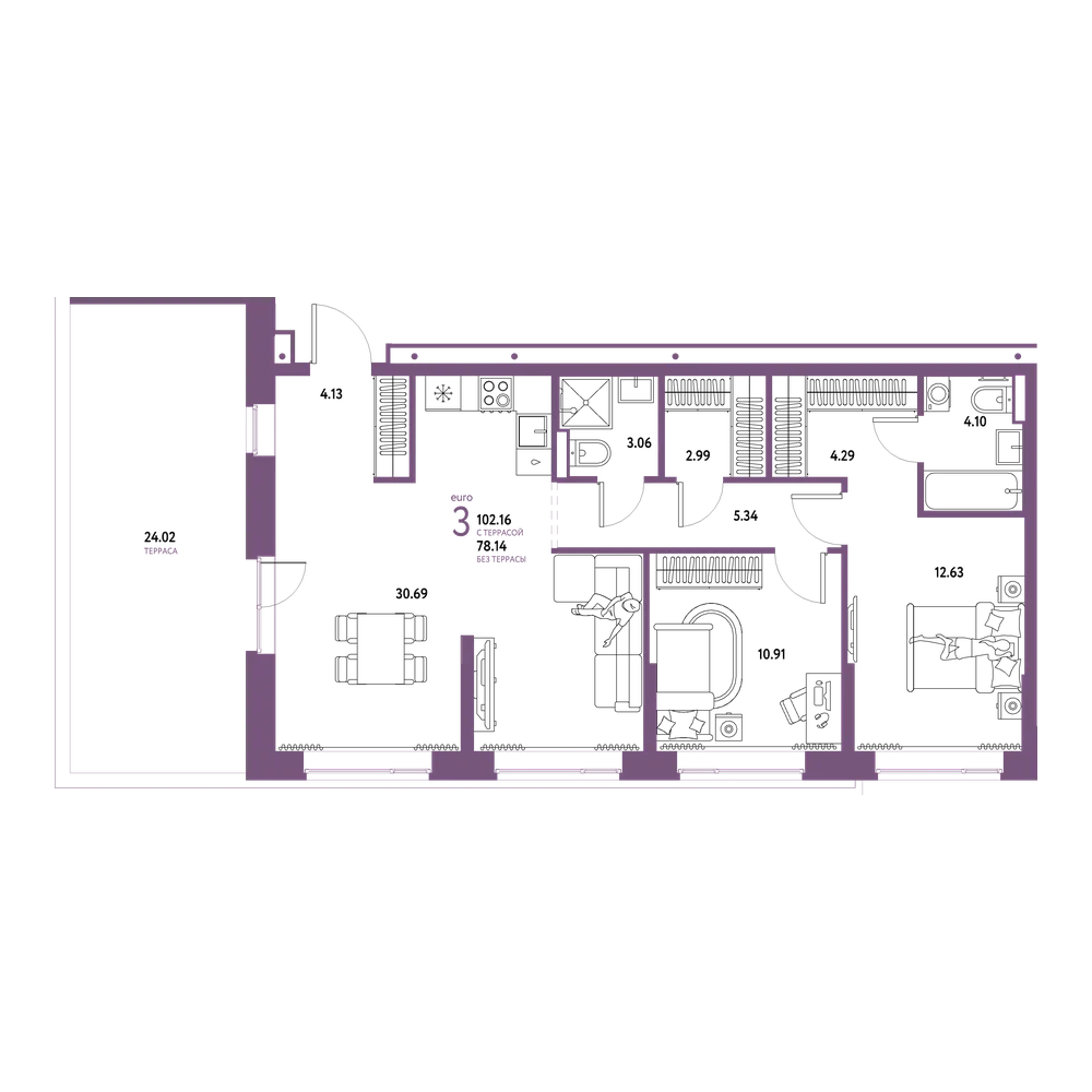 Планировка: Евротрёшка 102,16 м²