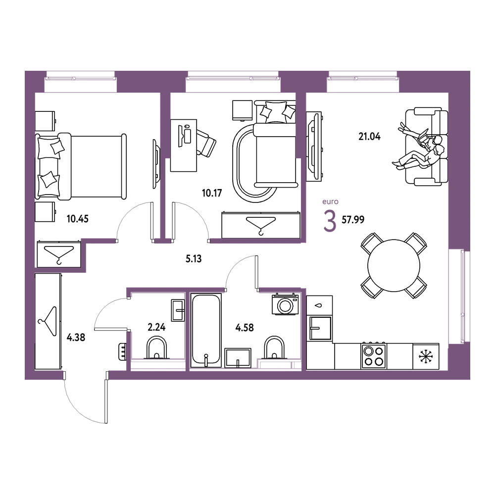Планировка: Евротрёшка 57,99 м²