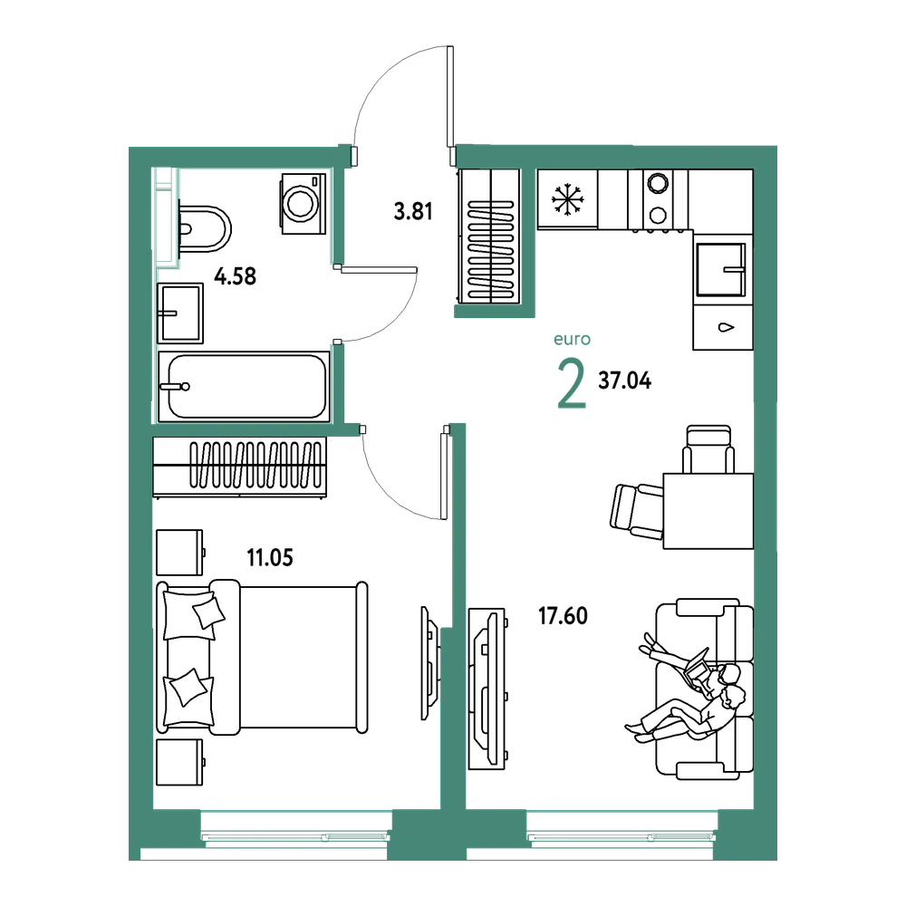 Планировка: Евродвушка 37,04 м²
