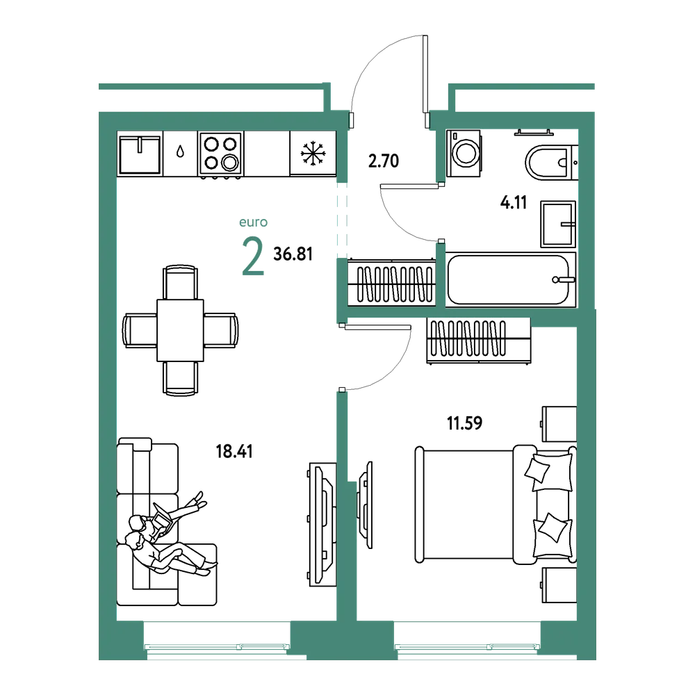 Планировка: Евродвушка 36,81 м²