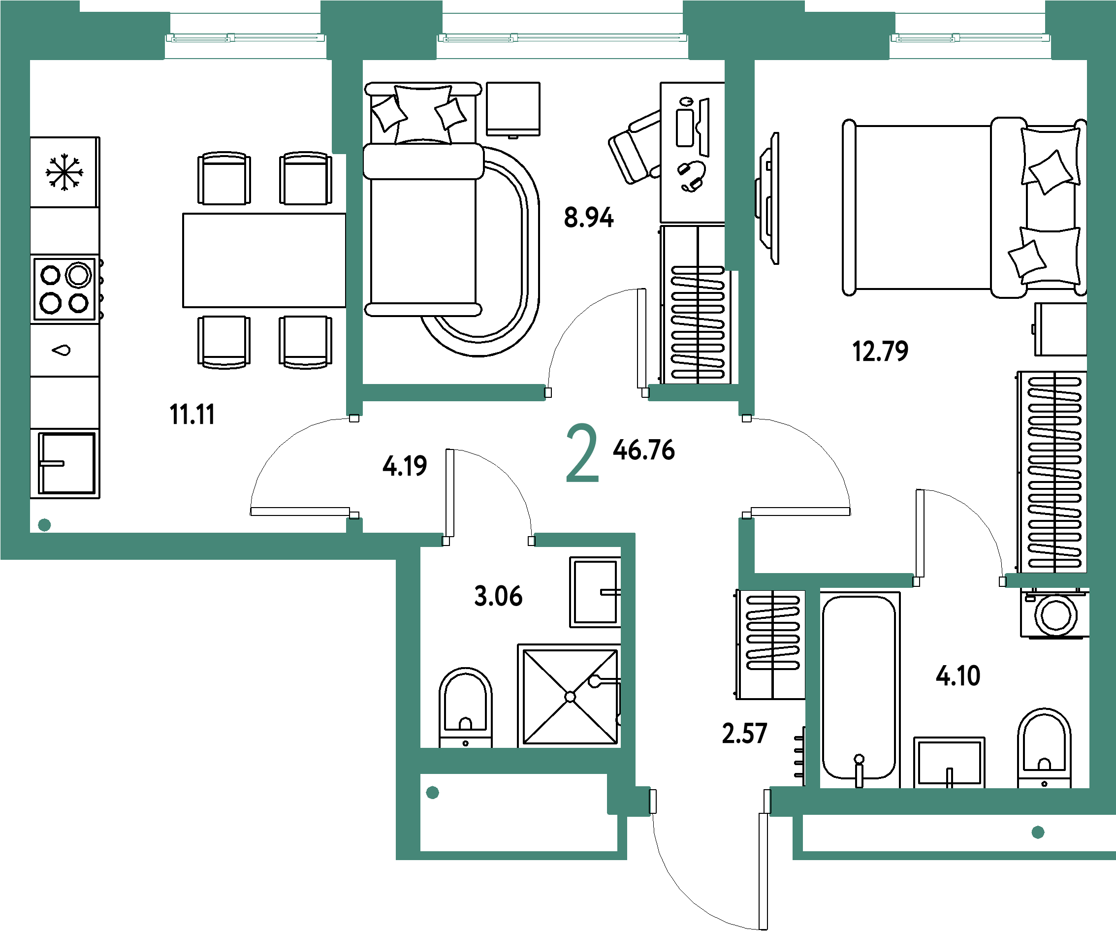 Планировка: 2-комнатная 46,76 м² в ЖК «Домашний»