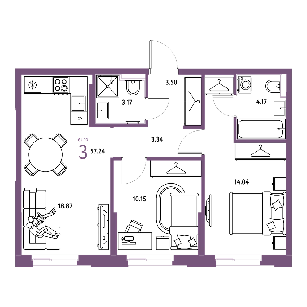 Планировка: Евротрёшка 57,24 м²