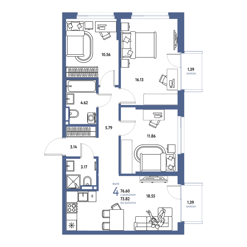 Планировка: Евро-4 76,6 м²