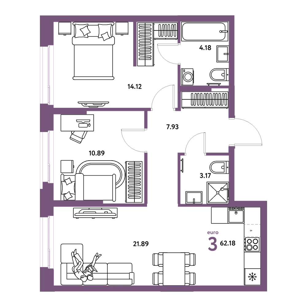 Планировка: Евротрёшка 62,18 м²
