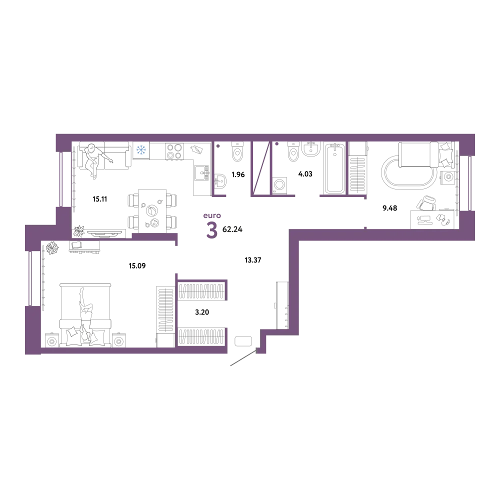 Планировка: Евротрёшка 62,24 м²
