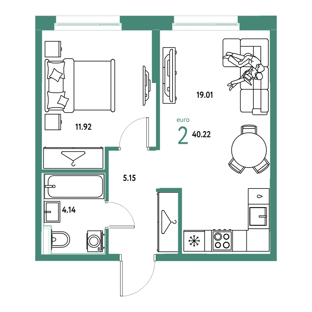 Планировка: Евродвушка 40,22 м²
