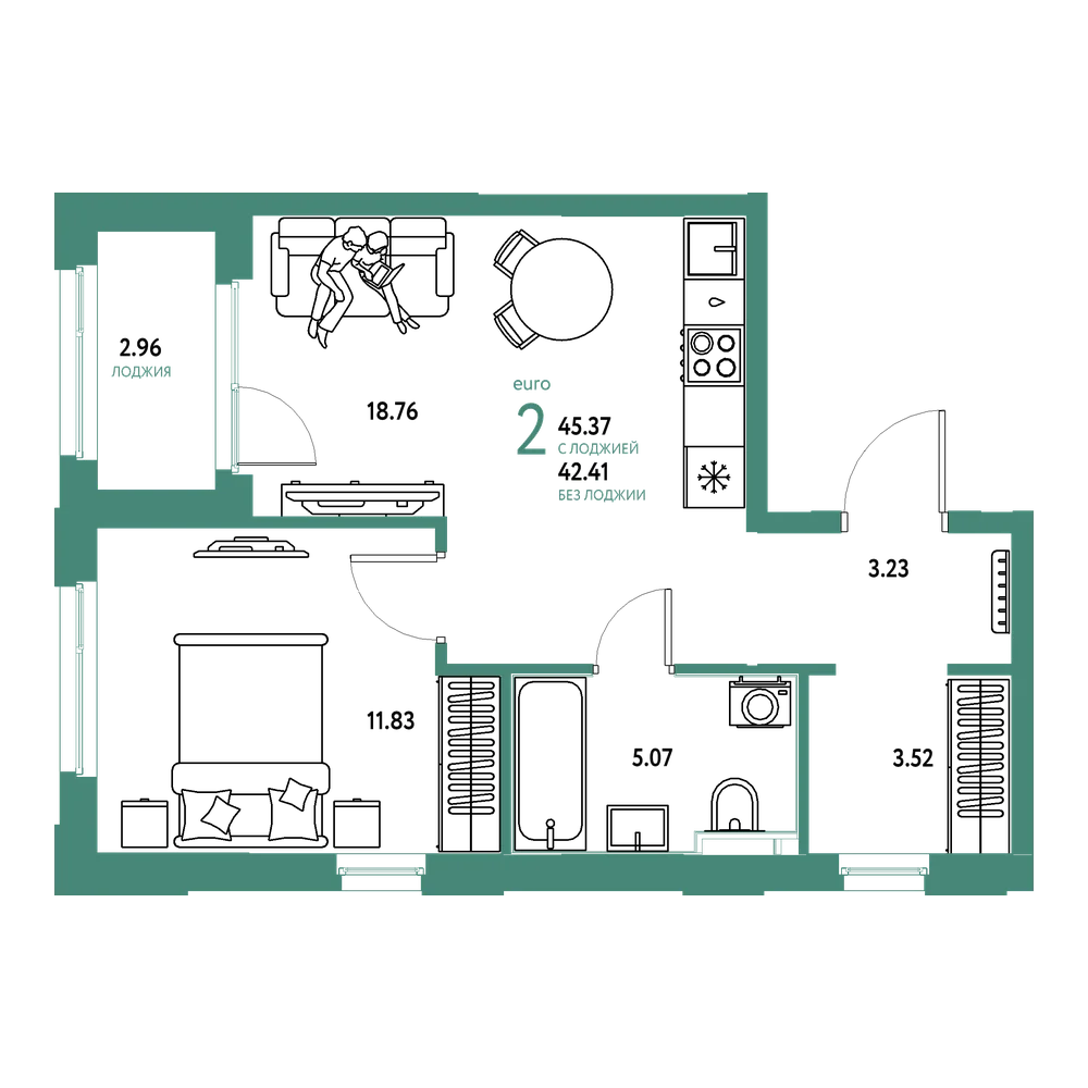 Планировка: Евродвушка 45,37 м²