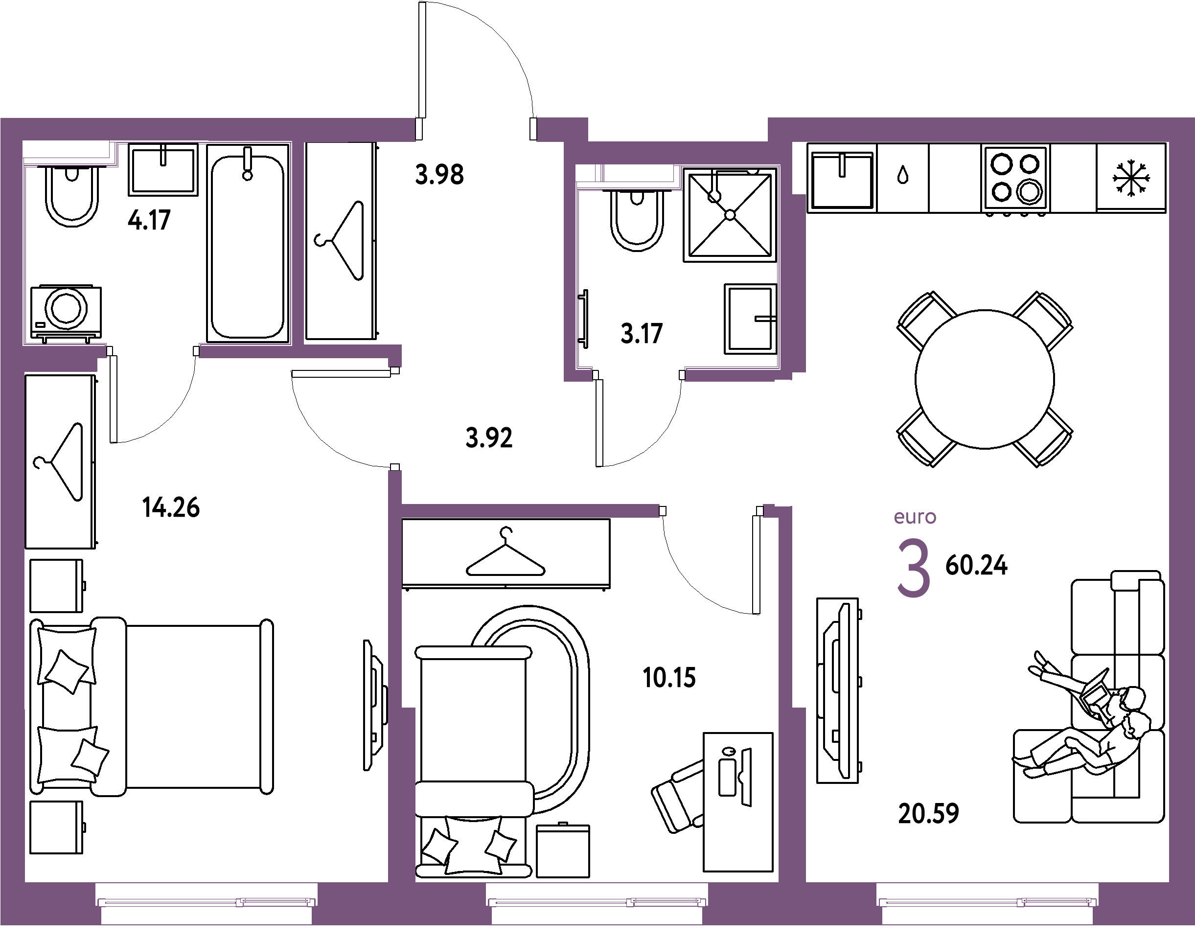 Планировка: Евротрёшка 60,24 м² в ЖК «Европейский берег 2.0»