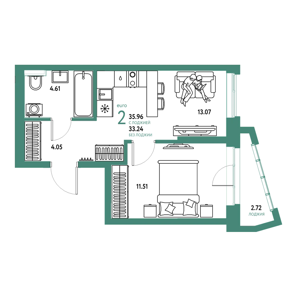 Планировка: Евродвушка 35,93 м²
