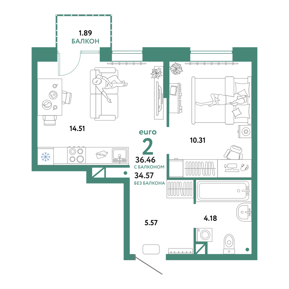 Планировка: Евродвушка 36,46 м²